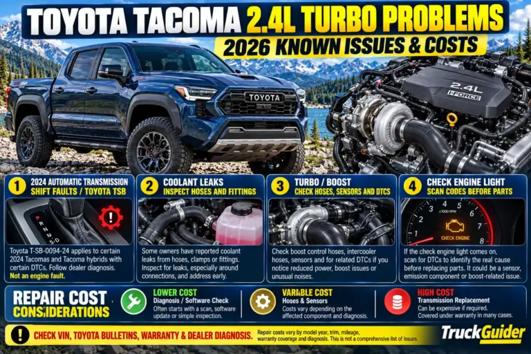 Toyota Tacoma 2.4L turbo problems guide for 2026 showing transmission shifting faults, coolant leaks, turbo boost issues, check engine warnings, and repair costs.