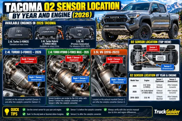 Toyota Tacoma O2 sensor location diagram by year and engine through 2026, showing upstream and downstream oxygen sensors for 2.4L turbo, hybrid, and 3.5L V6 engines
