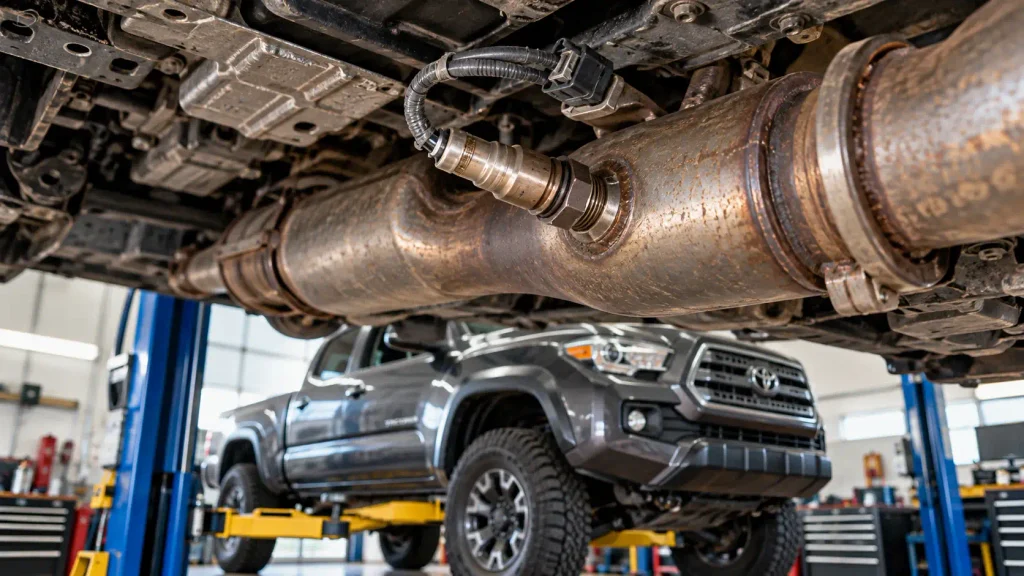 Toyota Tacoma O2 sensor location shown beside the truck exhaust assembly