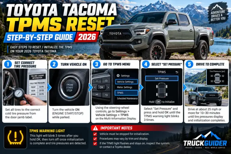 2026 Toyota Tacoma TPMS reset guide showing five steps to reset the tire pressure warning light using tire inflation, dashboard settings, and TPWS initialization