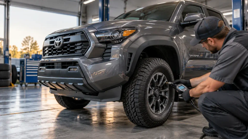 Toyota Tacoma TPMS reset begins with checking cold tire pressure using a gauge