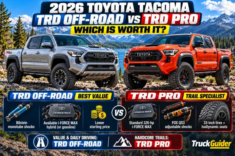 2026 Toyota Tacoma TRD Off-Road vs TRD Pro comparison showing Bilstein and FOX shocks, i-FORCE MAX hybrid engines, 33-inch tires, pricing, and off-road features
