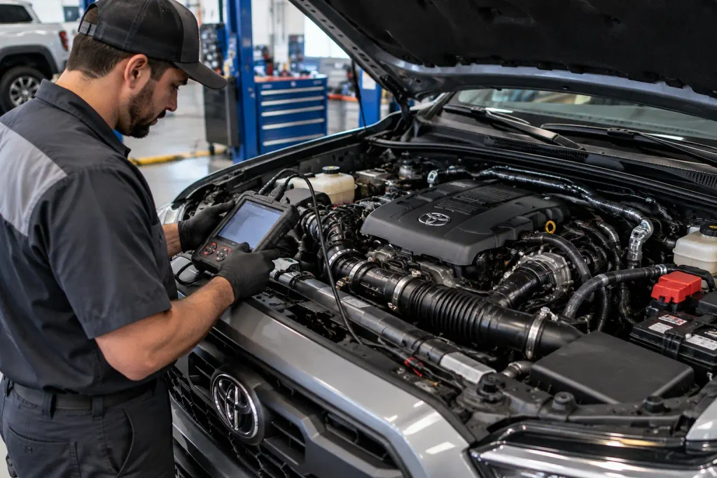 Technician inspecting Tacoma 2.4L turbo engine with professional OBD diagnostic scanner