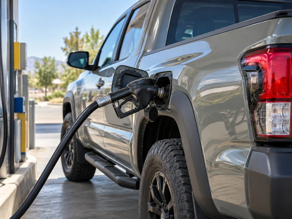 Toyota Tacoma refueling at a gas pump to illustrate actual fill-up volume