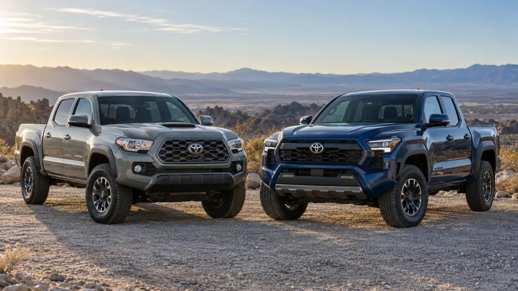 Toyota Tacoma fuel tank size comparison featuring 2023 and 2026 pickup trucks