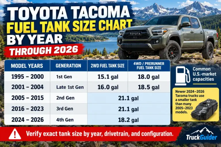 Toyota Tacoma fuel tank size chart from 1995 to 2026, comparing fuel capacities by generation, model year, and 2WD, 4WD, or PreRunner configuration