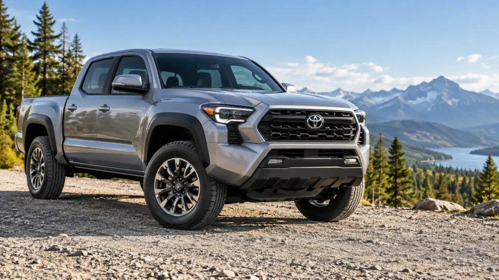 Toyota Tacoma wheel offset chart featuring a silver pickup with factory wheels