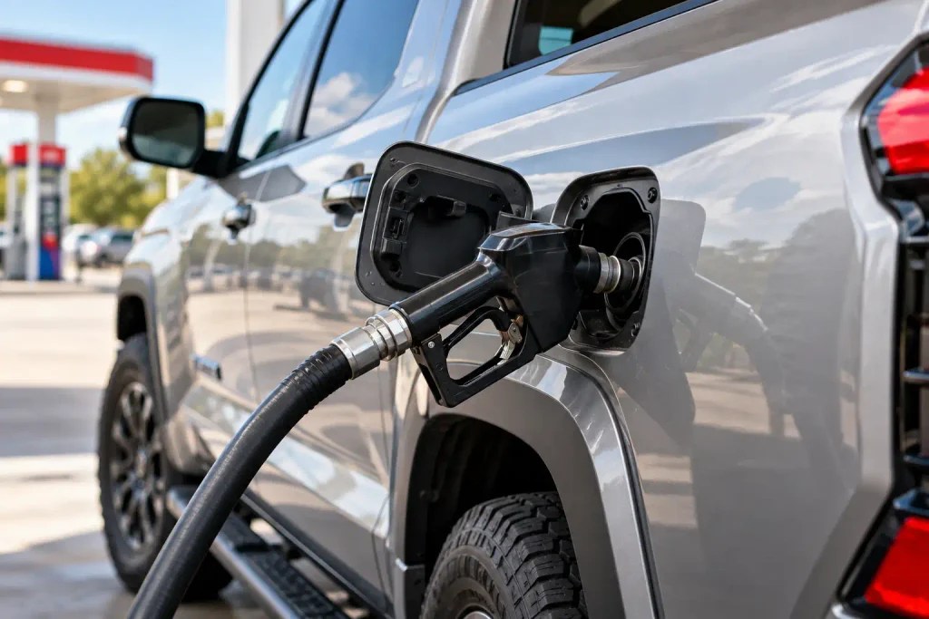 Close-up of Toyota Tundra fuel filler during a gas station refill