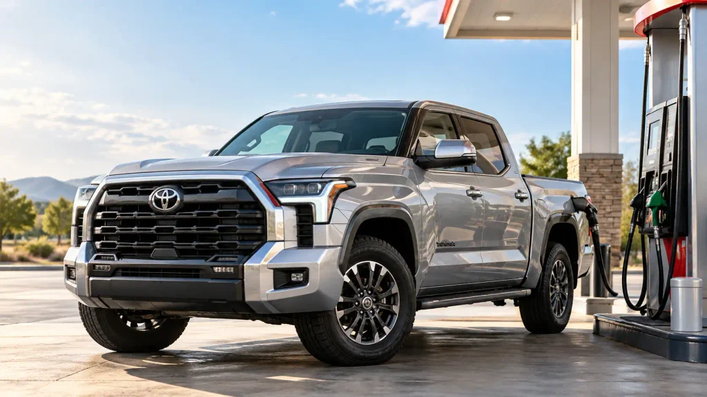 Toyota Tundra pickup at a fuel station for fuel tank size chart