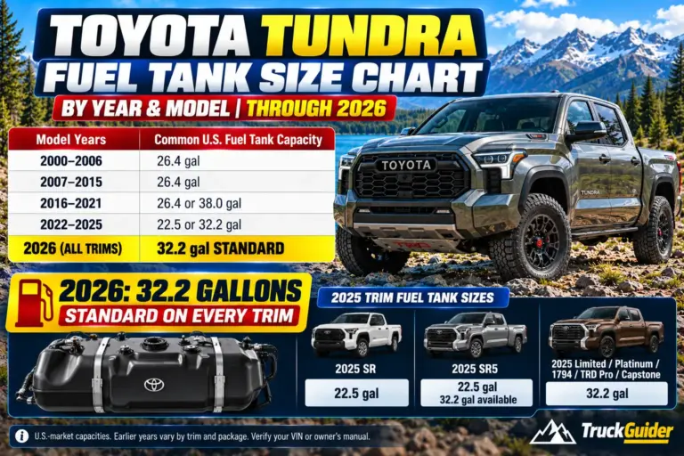 Toyota Tundra fuel tank size chart from 2000 to 2026, comparing fuel capacities by model year and trim, including 22.5, 26.4, 32.2, and 38-gallon tanks