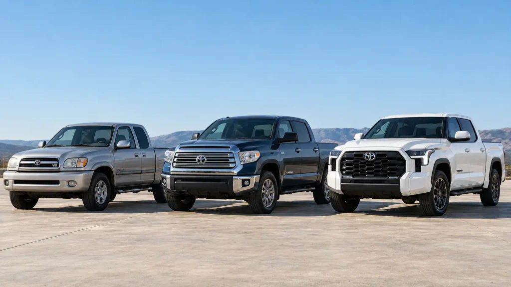 Toyota Tundra generations chart showing first, second, and third-generation pickup trucks