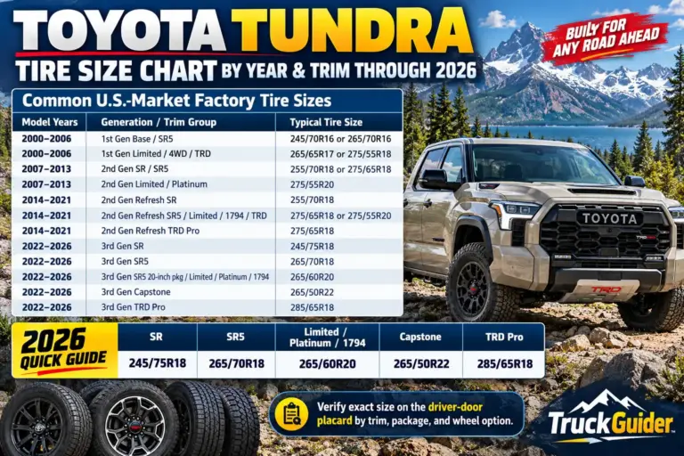 Toyota Tundra tire size chart from 2000 to 2026, comparing factory tire sizes by year and trim, including SR, SR5, Limited, Platinum, Capstone, and TRD Pro