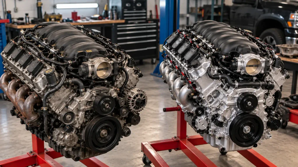 Two V8 truck engines on engine stands in a clean workshop