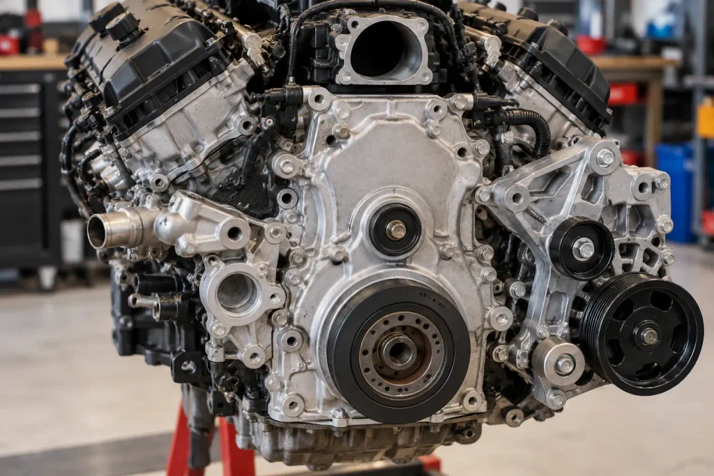 Front of a V8 truck engine on a stand in a workshop